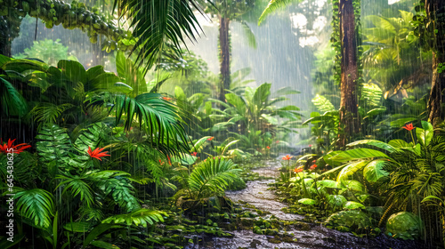 rain in the forest and jungle in the tropical zone, plants with flower and trees