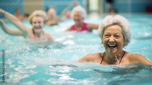 A group of old women exercising by dancing in a swimming pool © Parichat