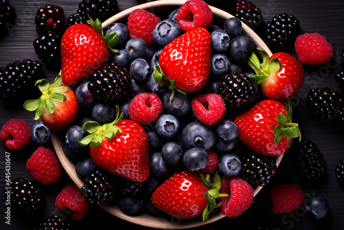 Close up macro view image of various fresh sweet summer berries made with generative ai technology