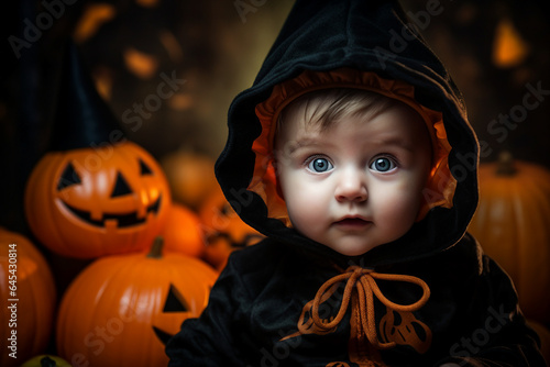 Little kid baby in witch costume celebrating first halloween holiday Generative AI picture