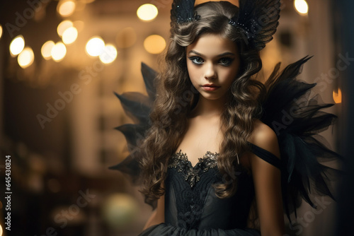 Creative abstract generative ai collage photo of charming lady witch dark angel with black wings on carnival