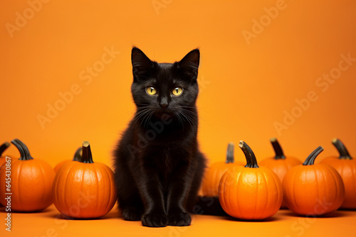 Black cat with Halloween witch carved pumpkin isolated over orange theme background © Tetiana