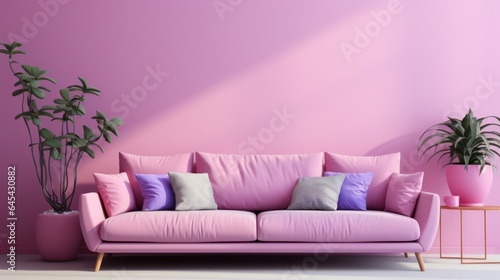 Stylish minimalist monochrome interior of modern cozy living room in pastel pink and purple tones. Trendy couch, coffee table, decorative plants in pots. Creative home design. Mockup, 3D rendering.