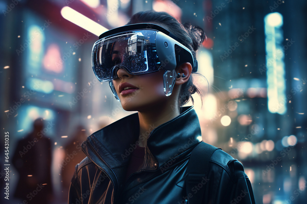 Excited woman wearing vr headset user watching surreal colorful fantasy world made with generative AI Excited woman wearing vr headset user watching surreal colorful fantasy world made with generative AI