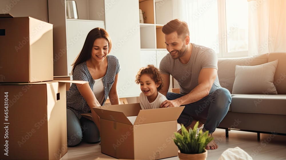 Moving house, relocation. New house, inside the room was a cardboard box containing personal belongings and furniture. move in the apartment or condominium. Generate by AI. Moving house, relocation. New house, inside the room was a cardboard box containing personal belongings and furniture. move in the apartment or condominium. Generate by AI.