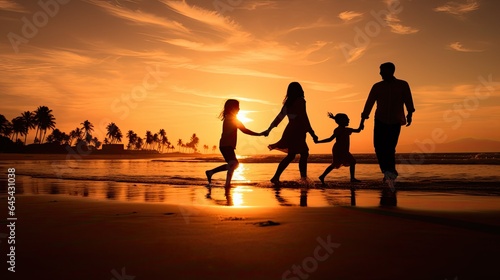 Silhouetted Happy Asian Family Playing And Having Fun On The Beach At Sunset. Recreation  relax  holiday  vacant time..