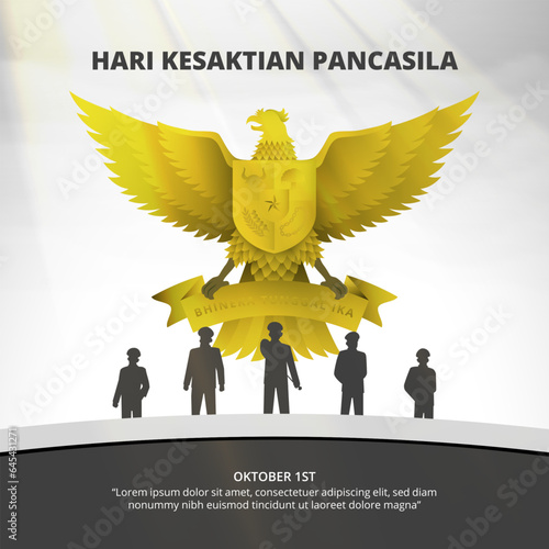 Square Hari Kesaktian Pancasila or Pancasila Sanctity Day with garuda and heroes