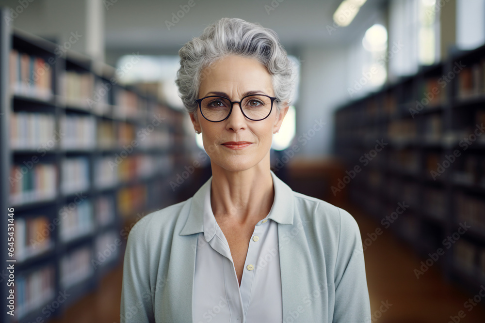 Generative AI photo of beautiful intelligent lady blurred schoolroom or library background school university education concept Generative AI photo of beautiful intelligent lady blurred schoolroom or library background school university education concept