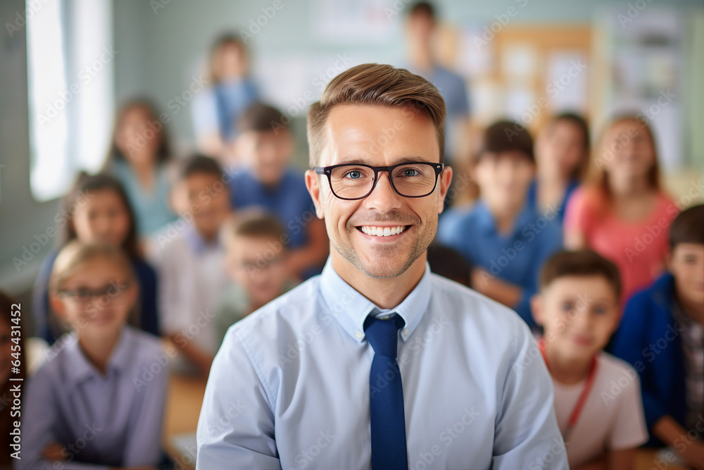 Portrait of confident teacher in the modern class room at the elementary school created by generative AI Portrait of confident teacher in the modern class room at the elementary school created by generative AI