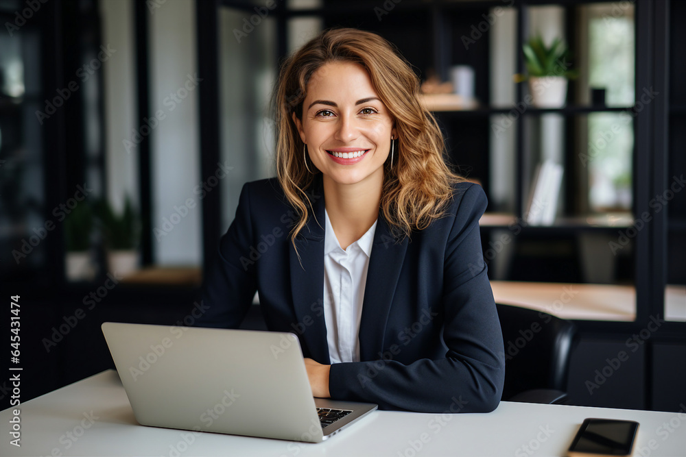Photo generative AI portrait of happy charming lady director with brown hair sitting in comfort workplace browsing media on netbook Photo generative AI portrait of happy charming lady director with brown hair sitting in comfort workplace browsing media on netbook