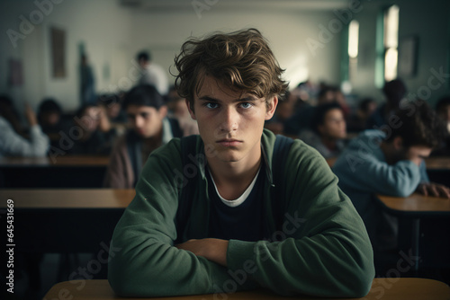 Generated by AI photography of a depressed school boy sitting alone at the desk listening to lessons suffering from discrimination in college