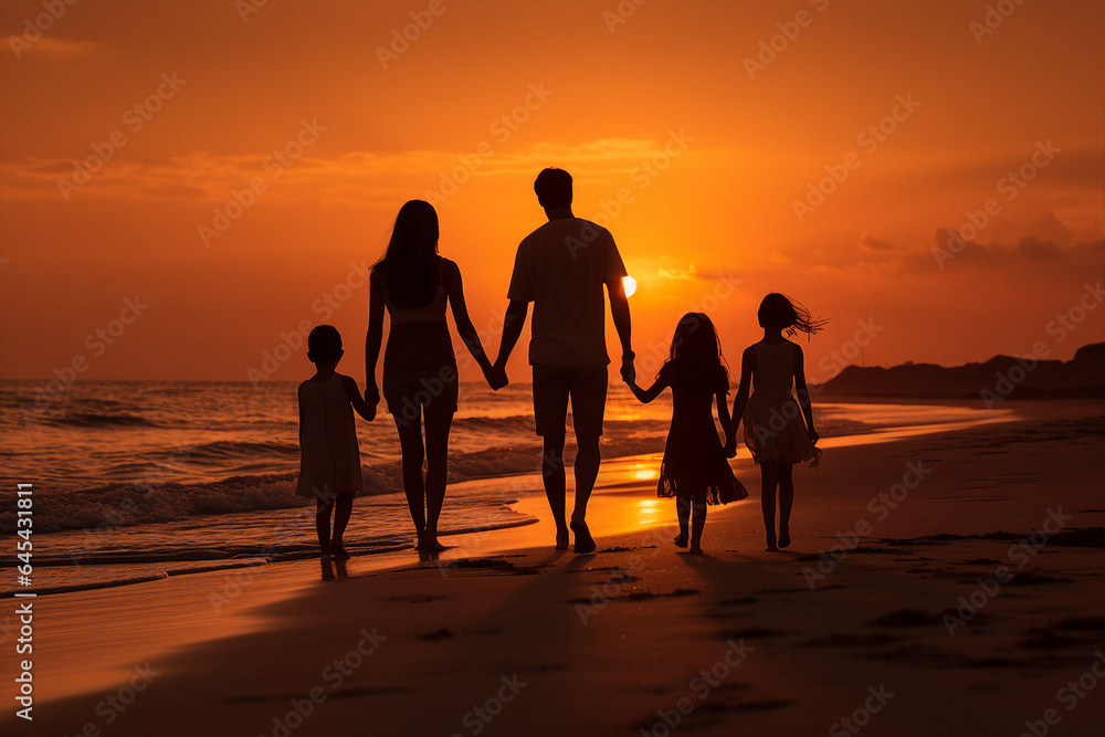 Generative AI photo of a young couple holding hands and walking on sand beach on paradise island at evening romantic time