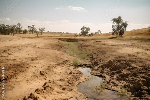 Sandy dry plain on a brown field with rare trees and dried river, concept of fresh water shortage, ecological catastrophe. Horizontal format