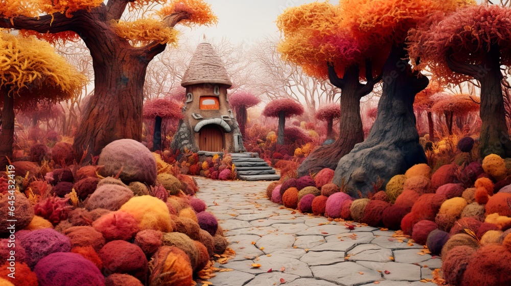 Artistic small autumn landscape made out of felted wool in orange and ...