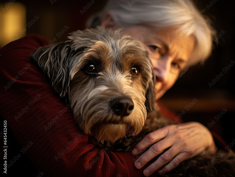 An elderly woman - pensioner hugs the dog tightly.