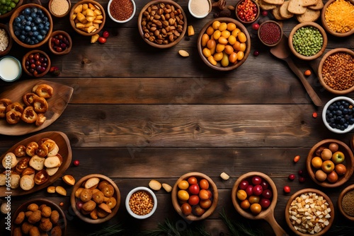 A rustic wooden table, top view, with a variety of snacks arranged in a colorful mosaic pattern - AI Generative