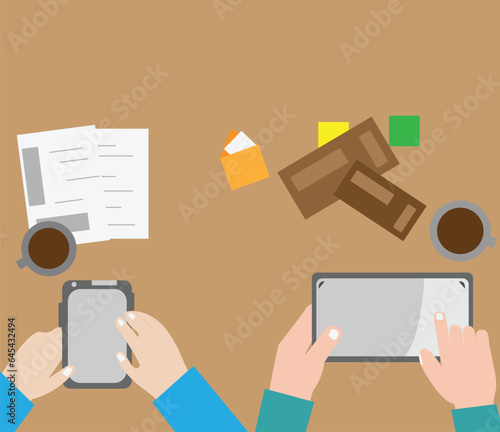 Human hands using smartphone with drinking coffee workplace desk background. top view angle flat vector illustration.