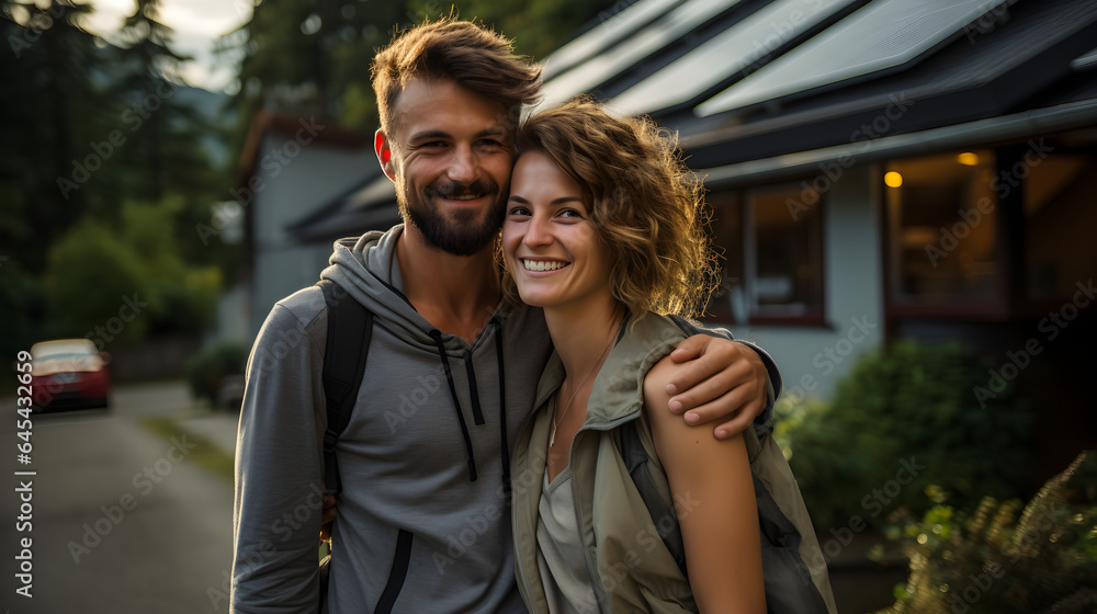Fototapeta premium Happy young couple on the background of their own house. Concept of Real estate 