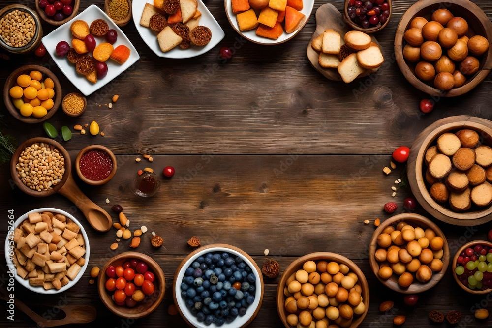 A rustic wooden table, top view, with a variety of snacks arranged in a colorful mosaic pattern - AI Generative A rustic wooden table, top view, with a variety of snacks arranged in a colorful mosaic pattern - AI Generative