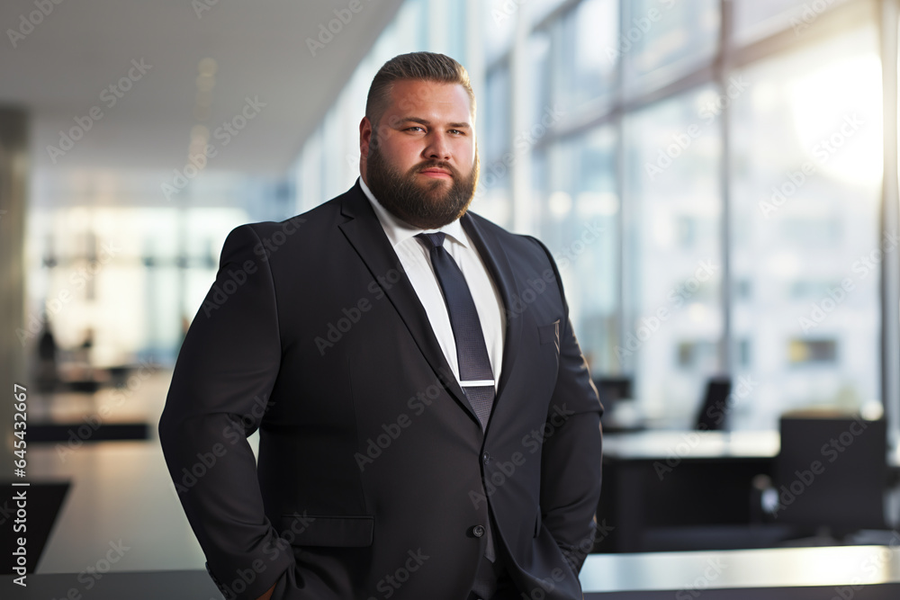 plus sized manager wearing business suit with modern office in the background plus sized manager wearing business suit with modern office in the background