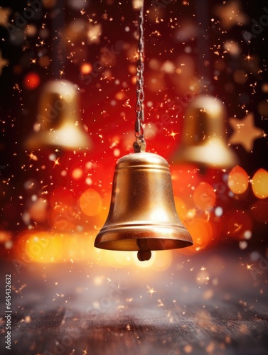 A hanging bell with illuminated lights in the background