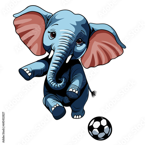 Elephant kicks football cute cartoon fish white background illustration