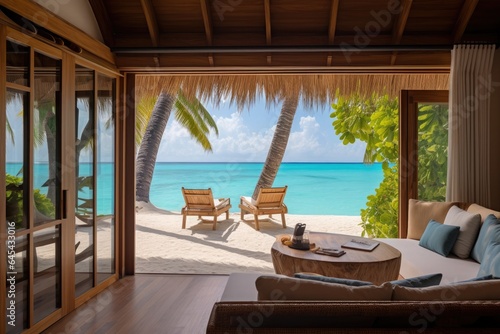 Sea view from a bungalow in Tropical Paradise. Tourism summer holidays and vacation concept.