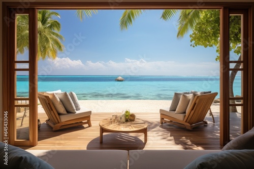Sea view from a bungalow in Tropical Paradise. Tourism summer holidays and vacation concept.