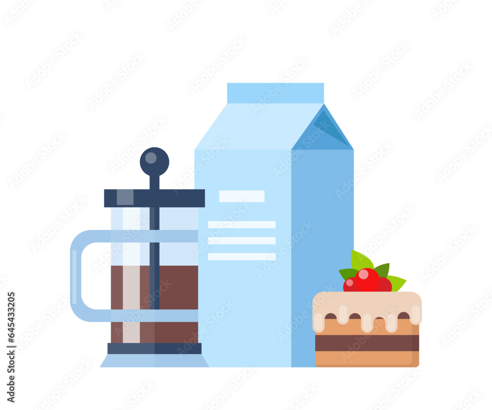 Fototapeta premium Coffee time concept illustration. Early breakfast with coffee and cake. Coffee, cake, milk. Vector illustration.