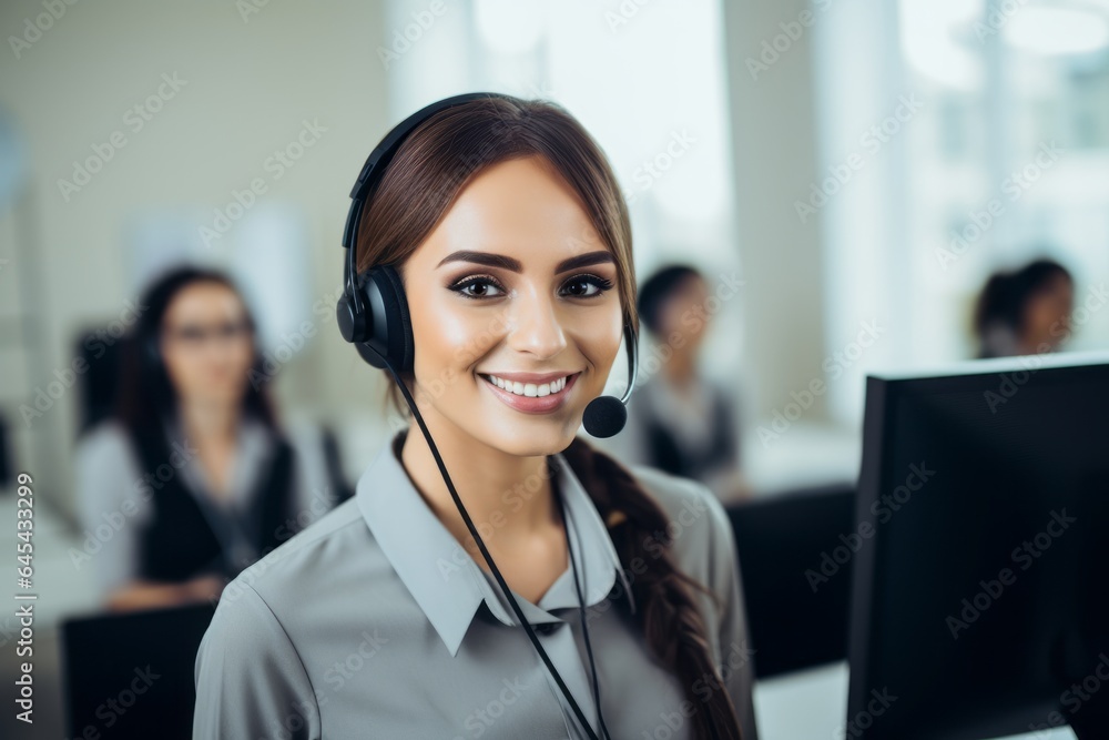 Smiling call center woman agent wearing headset in the office Smiling call center woman agent wearing headset in the office