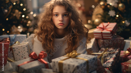 sad girl among many presents for Christmas, generated by AI