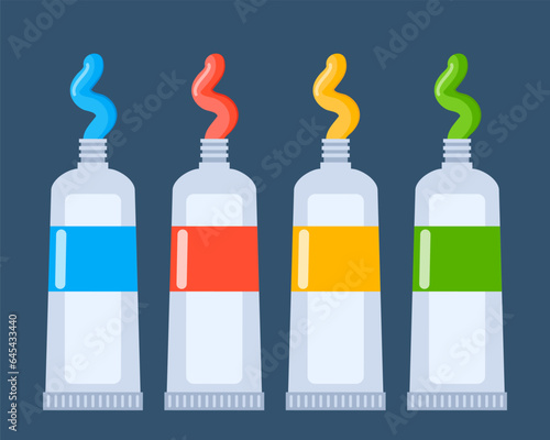 Set of colorful paint tubes with sample strokes. Vector illustration isolated on white background.