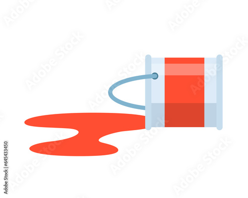 Red paint Dripping Down From Bucket Package. Paint Spilling From White Metallic Container. Painter Liquid For Make Renovation. Vector Illustration.
