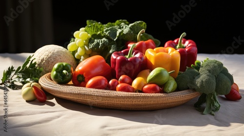 Rattan plate with vegetables and fruits on a stone table on a white background