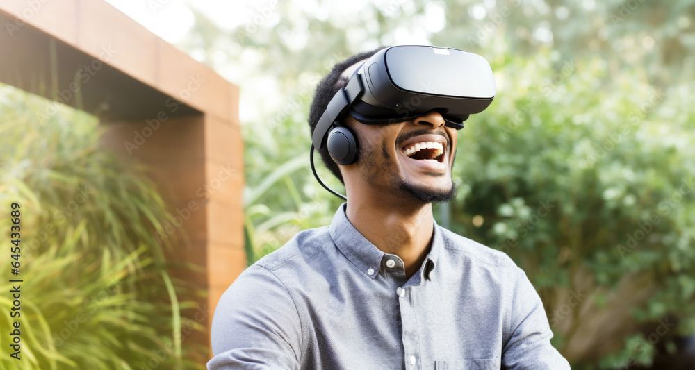 A Black man wears virtual reality glasses, immersing himself in a digital experience. Ideal for themes of technological innovation, diversity in tech, and modern entertainment. A Black man wears virtual reality glasses, immersing himself in a digital experience. Ideal for themes of technological innovation, diversity in tech, and modern entertainment.