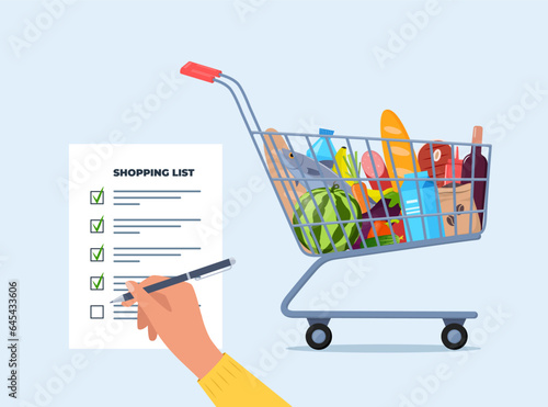 Grocery list for shopping in the store. Shopping list with marks. Shopping trolley full of food, fruit, products, grocery goods. Buying food in supermarket. Vector illustration.