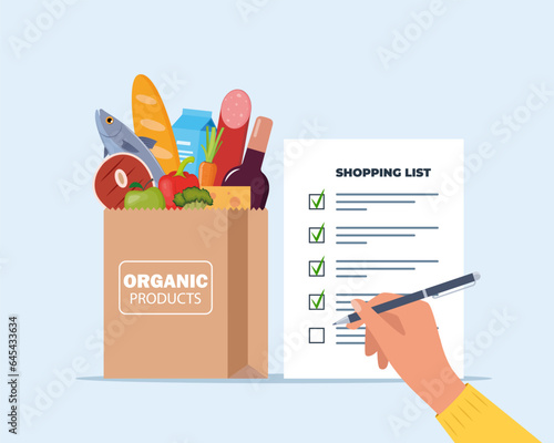 Grocery list for shopping in the store. Shopping list with marks. Paper bag full of food, fruit, products, grocery goods. Buying food in supermarket. Vector illustration.