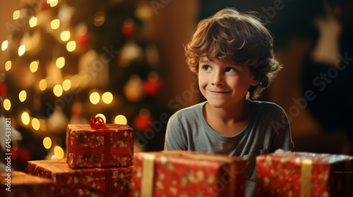 happy little boy sitting among many beautifully wrapped presents against the background of a Christmas tree, created by AI