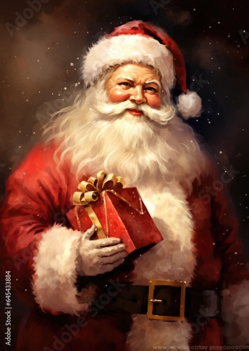 Santa Claus holding a beautifully wrapped present in a festive painting