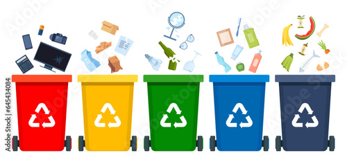 Garbage sorting set. Bins with recycling symbols for e-waste, plastic, metal, glass, paper, organic trash. Vector illustration for zero waste, environment protection concept.