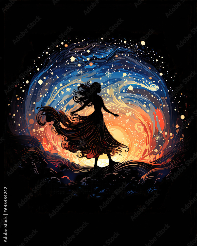 Illustration of a silhouette of a girl dancing in the night sky