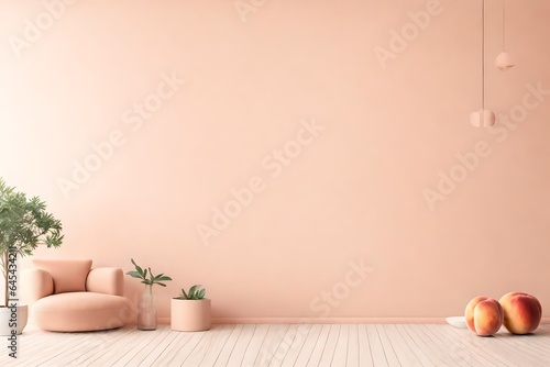 Wall mock up in empty interior background, room with pastel peach color wall