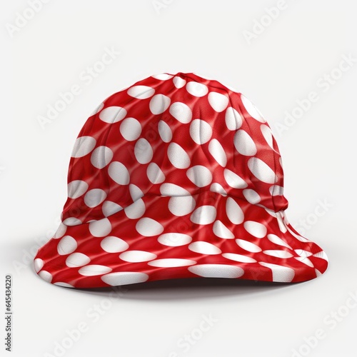 A vibrant red and white polka dot hat on a clean white background