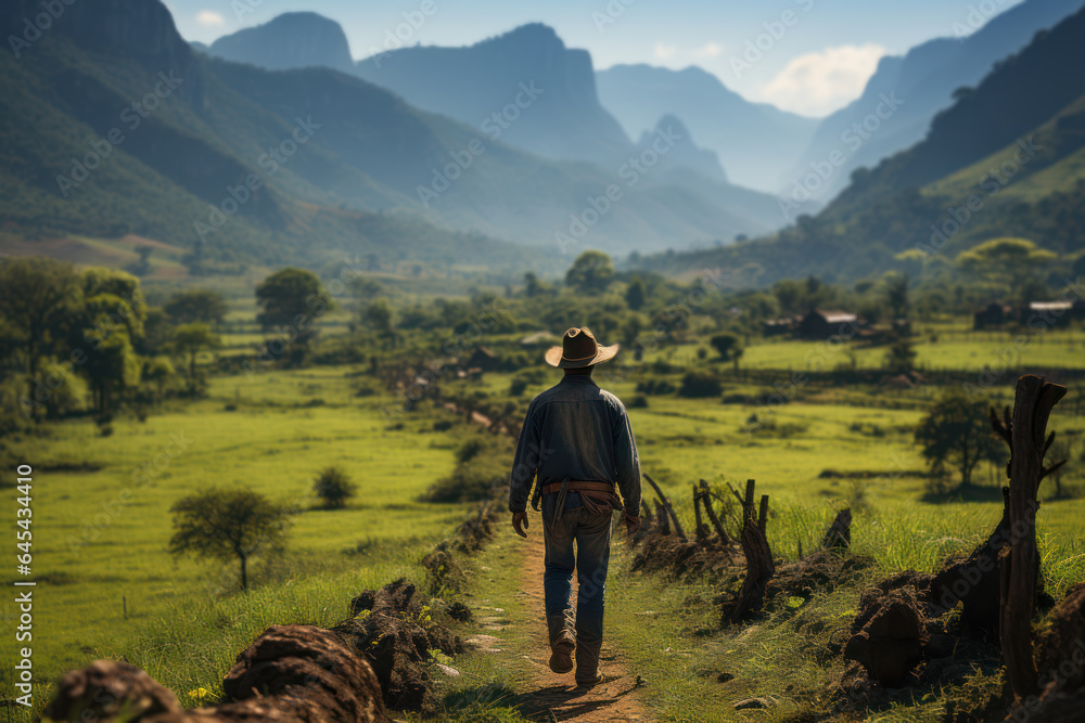 Obraz premium Rural Life. Farmers tending to fields and livestock depict the agricultural heart of My Latin America. Generative Ai.