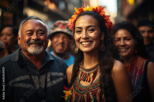 Cultural Fusion. People from diverse backgrounds mingling in a street festival embody the fusion of influences in My Latin America. Generative Ai.