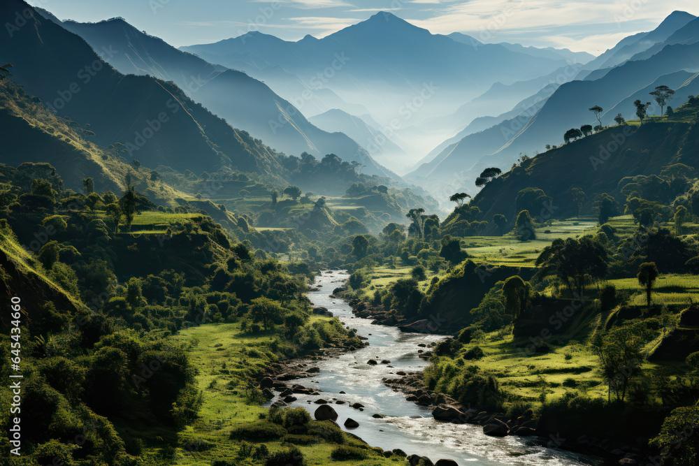 Fototapeta premium Lush Landscapes. Rolling hills and tropical rainforests showcase the natural beauty of My Latin America. Generative Ai.