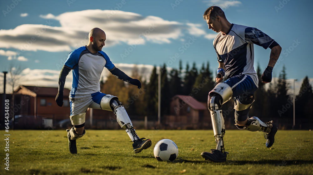 Naklejka premium Athletic men with artificial bionic legs playing soccer at the stadium.