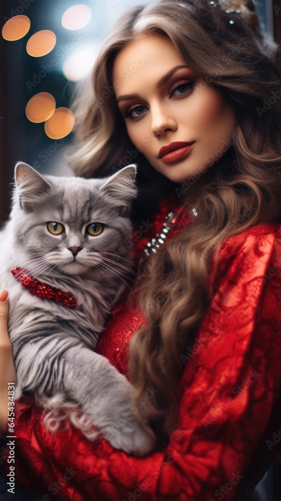 A woman in a red dress holding a gray cat