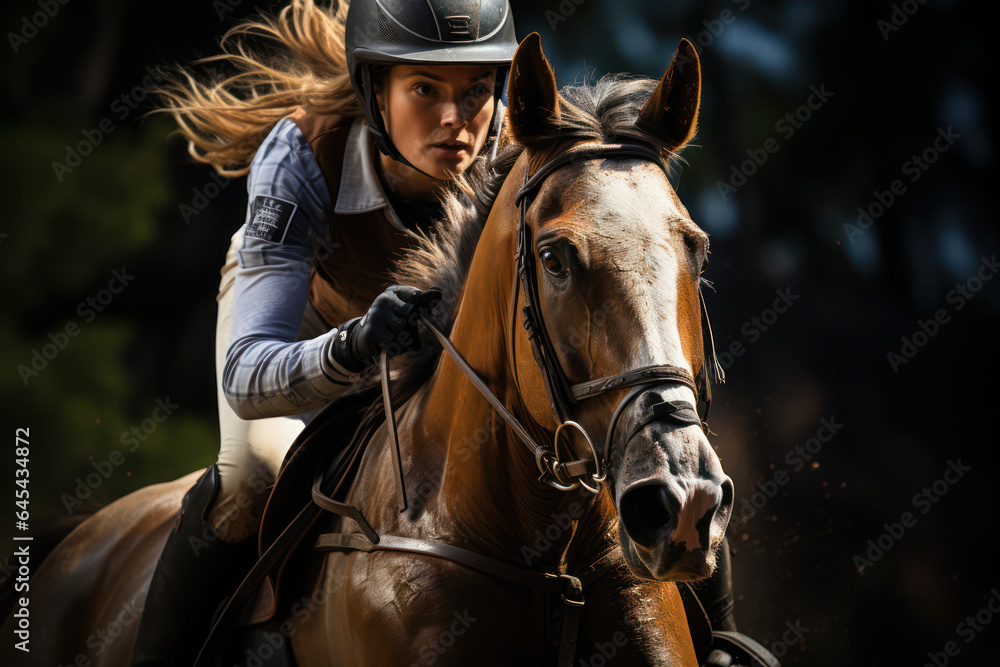 Equestrian Elegance. A show jumper and horse in mid-flight capture the harmony between athlete and animal. Generative Ai.