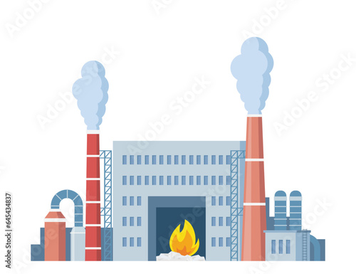 Incineration plant. Waste factory. Trash transportation and recycling. Rubbish disposal. Smoke pipes. Nature pollution. Industrial production building. Vector illustration.